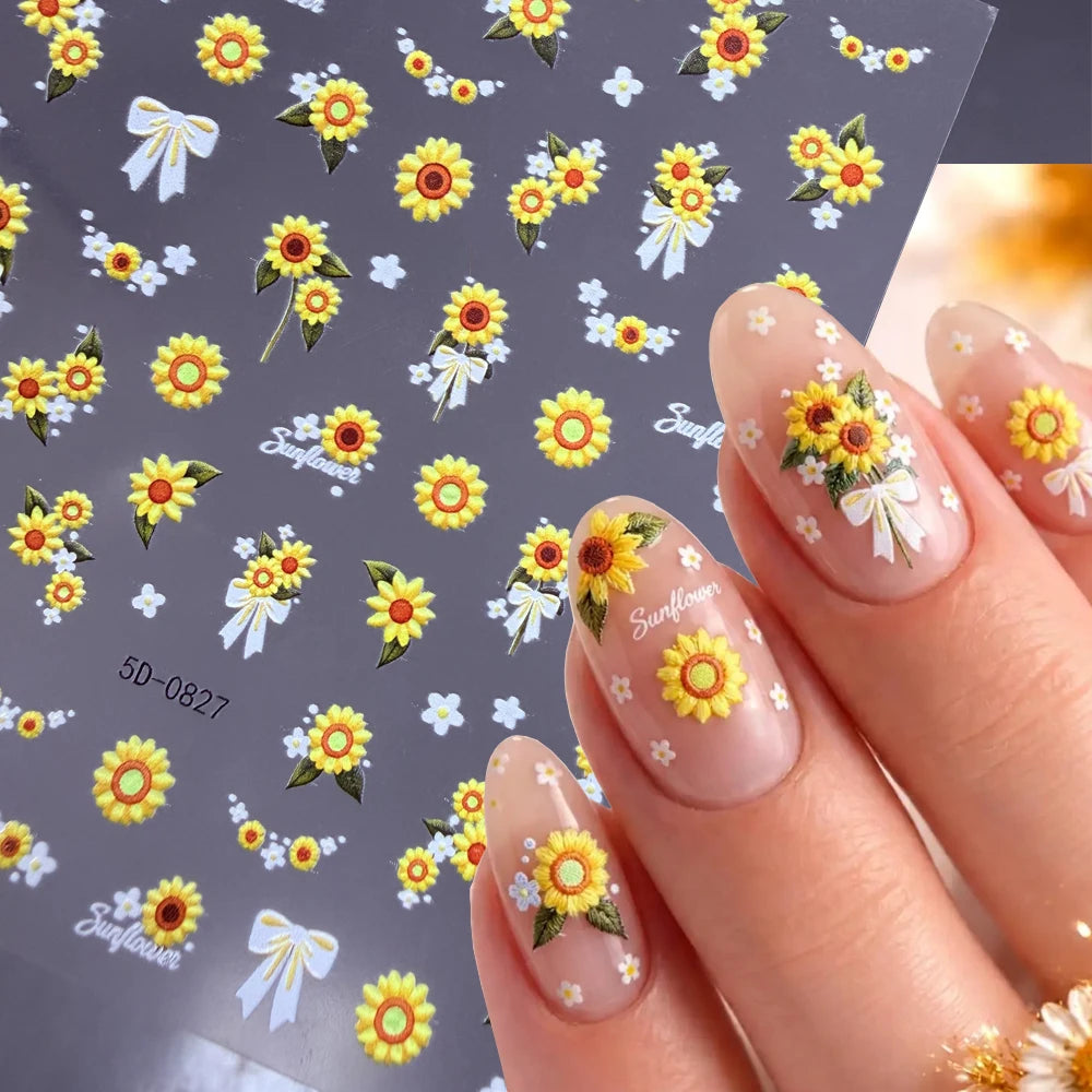1 Stück 5D Geprägter Sonnenblumen-Nagelaufkleber Weißes Schleifenband Gelbe Gänseblümchen Blumengirlande Nagelsticker DIY Frühling Sommer Maniküre Deko