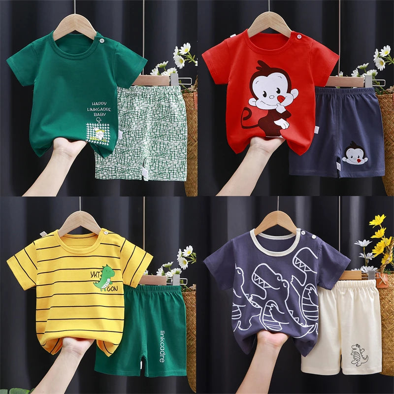 Sommer-Baumwollkleidungsset für Kleinkinder, Cartoon-Dinosaurier-Aufdruck, gestreiftes T-Shirt + Shorts, 2-teilig, Freizeitoutfits für Jungen und Mädchen im Alter von 0 bis 5 Jahren
