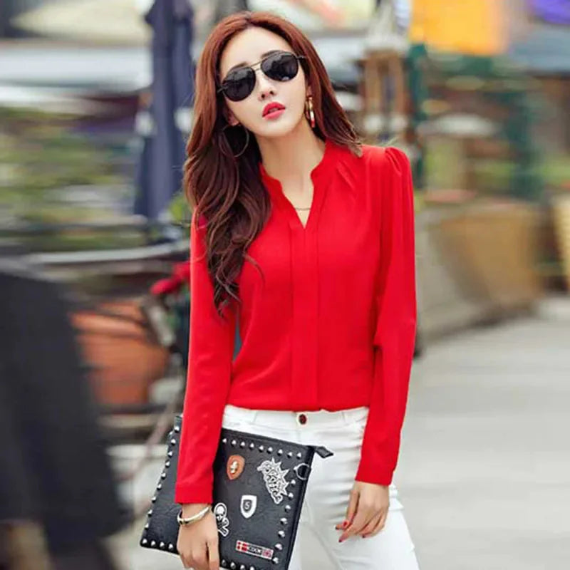 Langarm-shirt Frauen Herbst Kleidung Mode Schlanke Bluse V-ausschnitt Koreanische Elegante Damen Büro Shirts Weiß Rot