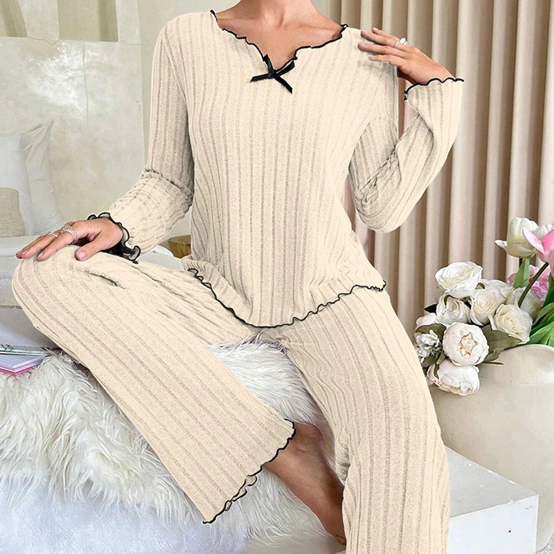 Damen-Herbst-Winter-Nachtwäsche, geripptes Pyjama-Set, langärmliges Oberteil und lange Hose, 2-teiliges Set, lässige Homewear, Loungewear