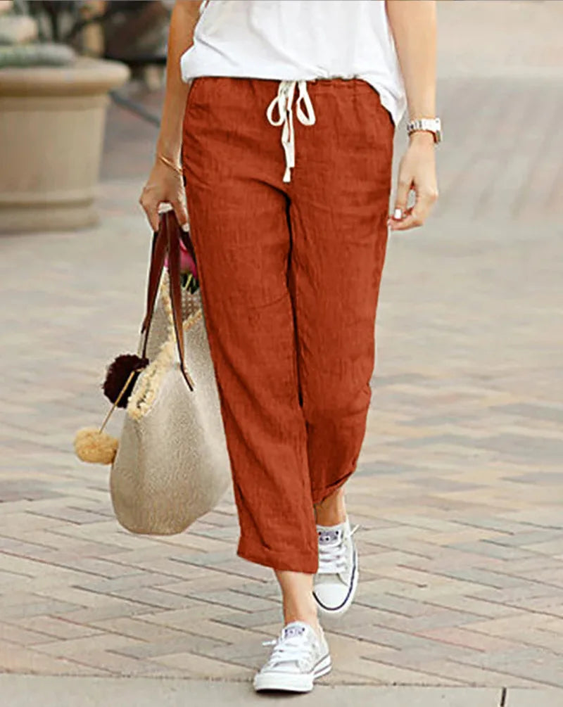 Elegante Feste Schlanke Hose Mode Frauen Kordelzug Abgeschnitten Elastische Taille Gerade Hosen Casual Büro Dame Kommunte Hosen