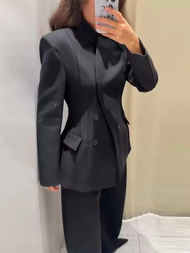 Frauen Elegante Schwarze Blazer Hosen Set Herbst Neue Taste Schlank Blazer Mantel + Zip-up Gerade Lange Hose Sets weibliche 2-teilige Anzüge