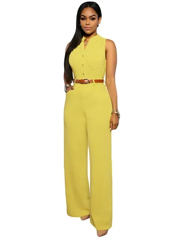 Damen Jumpsuit Sexy Ärmellos Tiefer V-Ausschnitt Weites Bein Jumpsuit Romper Mit Gürtel