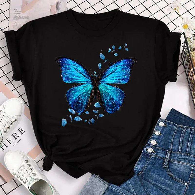 Neue blaue Schmetterling Blumen gedruckt T-Shirt Frauen Sommer lässig Kurzarm O-Ausschnitt Tops 90er Jahre Mode Grafik weibliche Tops T-Shirts