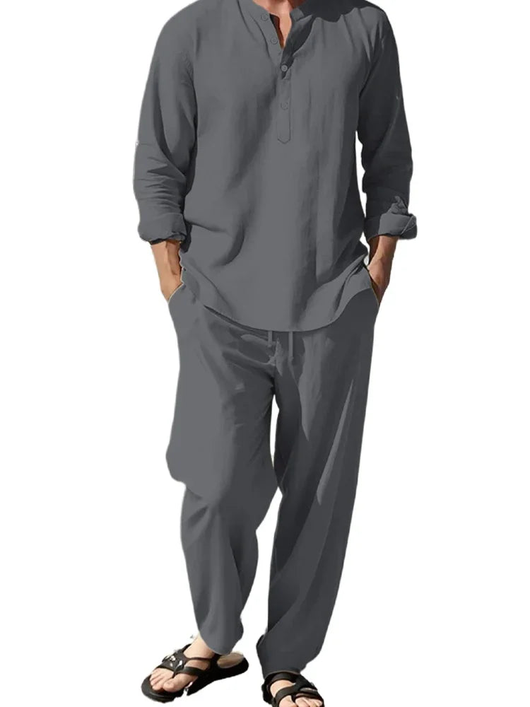2-teiliges Hemd-Hosen-Set, langärmeliges Henry-Hemd, Hosenanzug, Sinn für Textur, Urlaub, leicht, atmungsaktiv, drapiert, Herrenbekleidung
