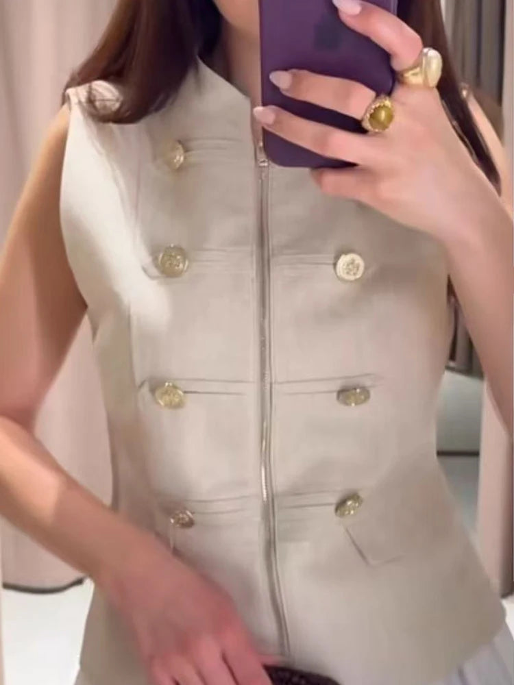    TFMLN Damen Vintage Westen & Mäntel 2026 Sommer Einfarbig Reißverschlüsse Knöpfe Stehkragen Elegante Streetwear Weste Modisch Schmal Geschnitten