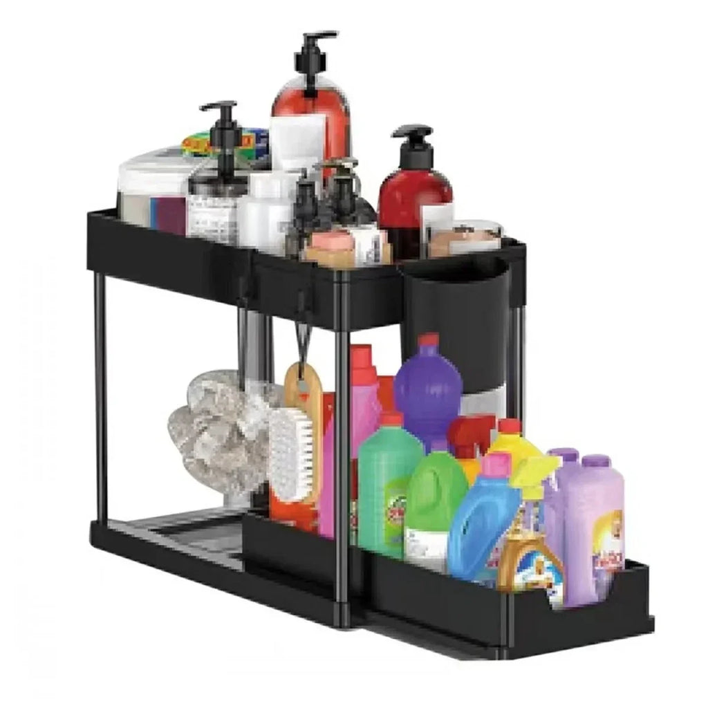 2-stufiger verschiebbare Aufbewahrungskorb unter der Spüle, multifunktionales Organizer-Rack mit Haken, hängende Tasse, platzsparend für Badezimmer und Küche