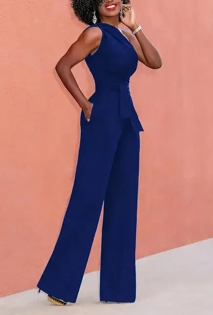 Damen-Overall, einfarbig, Skew-Kragen, bauchfreies Top, gerade Hosen, Gürtel, sexy, ärmellos, lockere Hosen, elegante, charmante Playsuits 2024