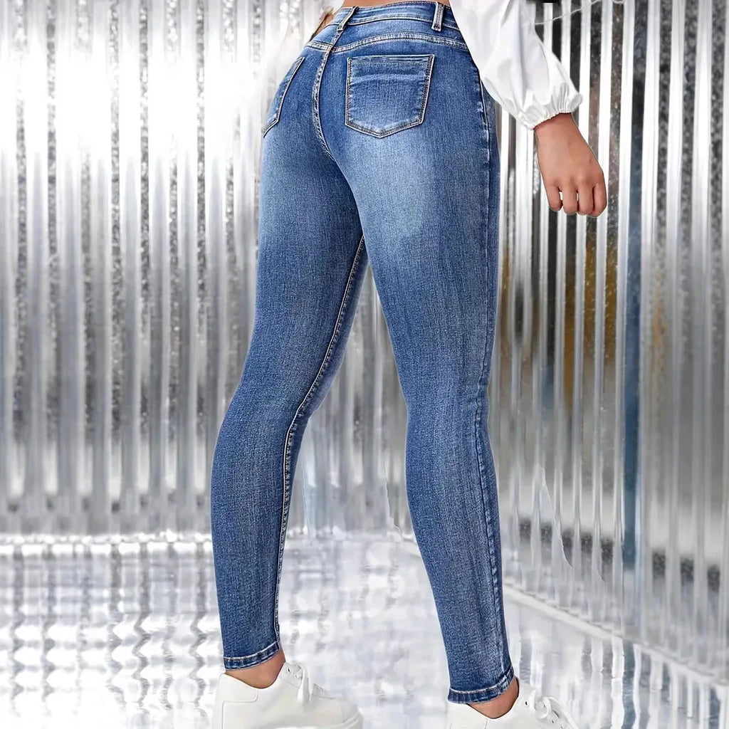 Damen-Jeans mit hoher Taille, Stretch-Denim, Hüftstraffung, schmale Bleistifthose, lange, schmale, einfarbige Hose für Damen, klassisches Design