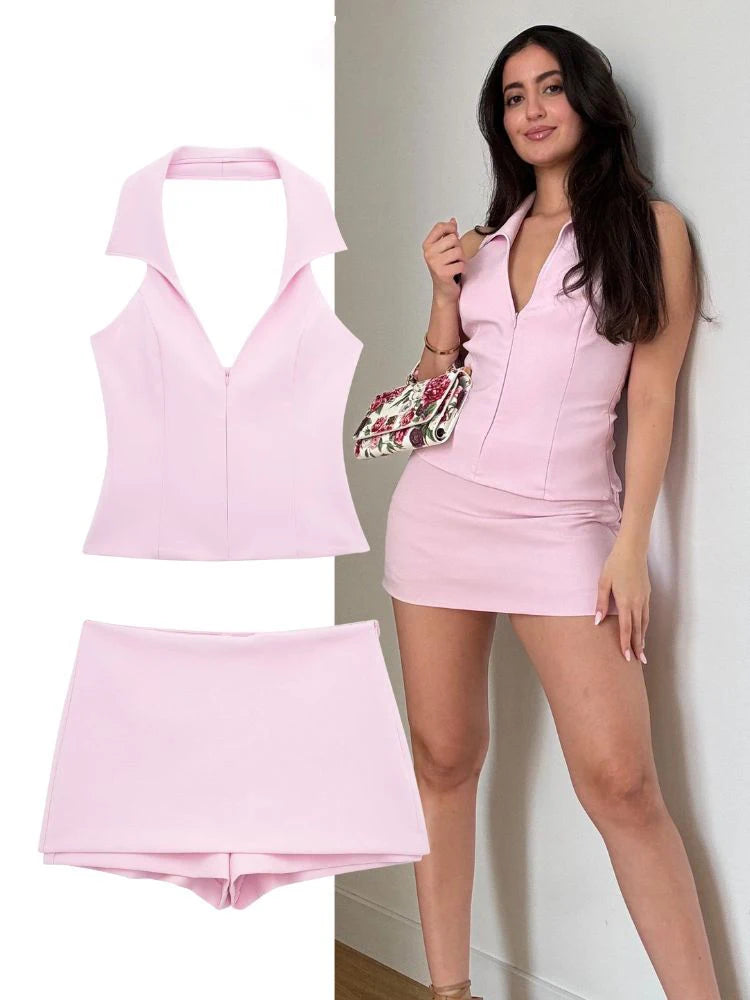 HH 2024 Frauen Sexy Rosa Camis Top Shorts Set Sommer Mode Neckholder Rückenfreies Top + Süße Rosa Kurze Hose dame Anzug