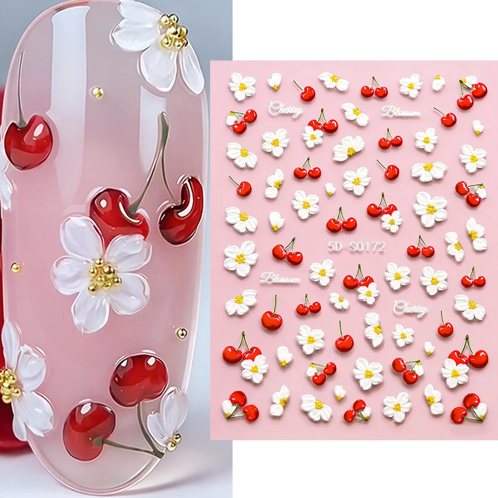 1 Stück 5D Kirschblüten-Nagelaufkleber, Niedliche 3D Rote Kirsche Weiße Blume Selbstklebende Nagelkunst-Sticker, Sommer DIY Maniküre-Dekoration