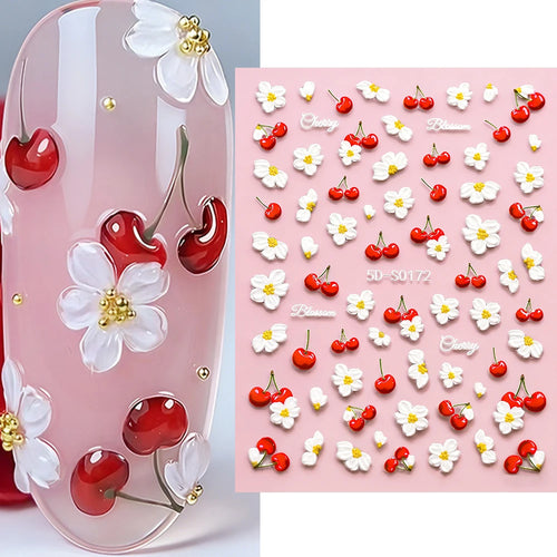 1 Stück 5D Kirschblüten-Nagelaufkleber, Niedliche 3D Rote Kirsche Weiße Blume Selbstklebende Nagelkunst-Sticker, Sommer DIY Maniküre-Dekoration