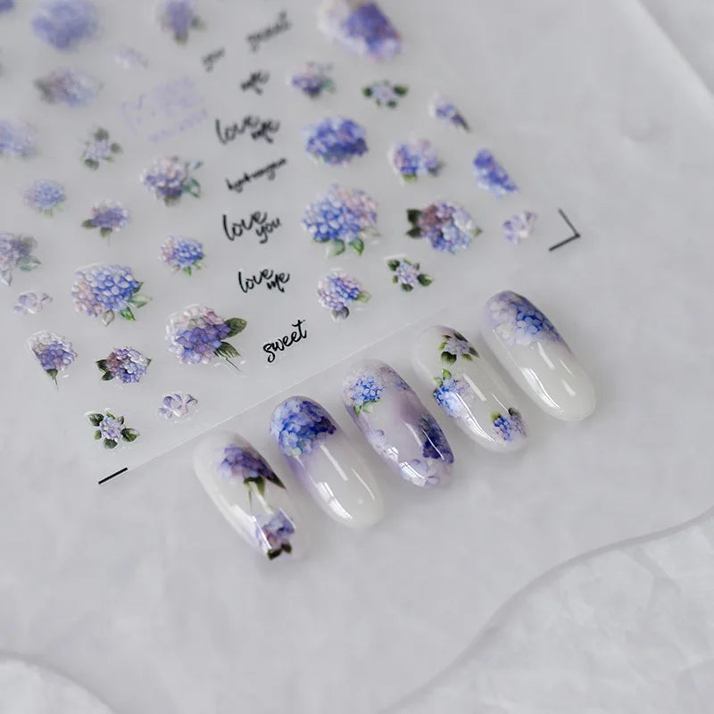 Fantasie blau lila Hortensie 5d geprägte Tulpe selbst klebende Nail Art Aufkleber hochwertige bunte Bouquet Nail Art Aufkleber