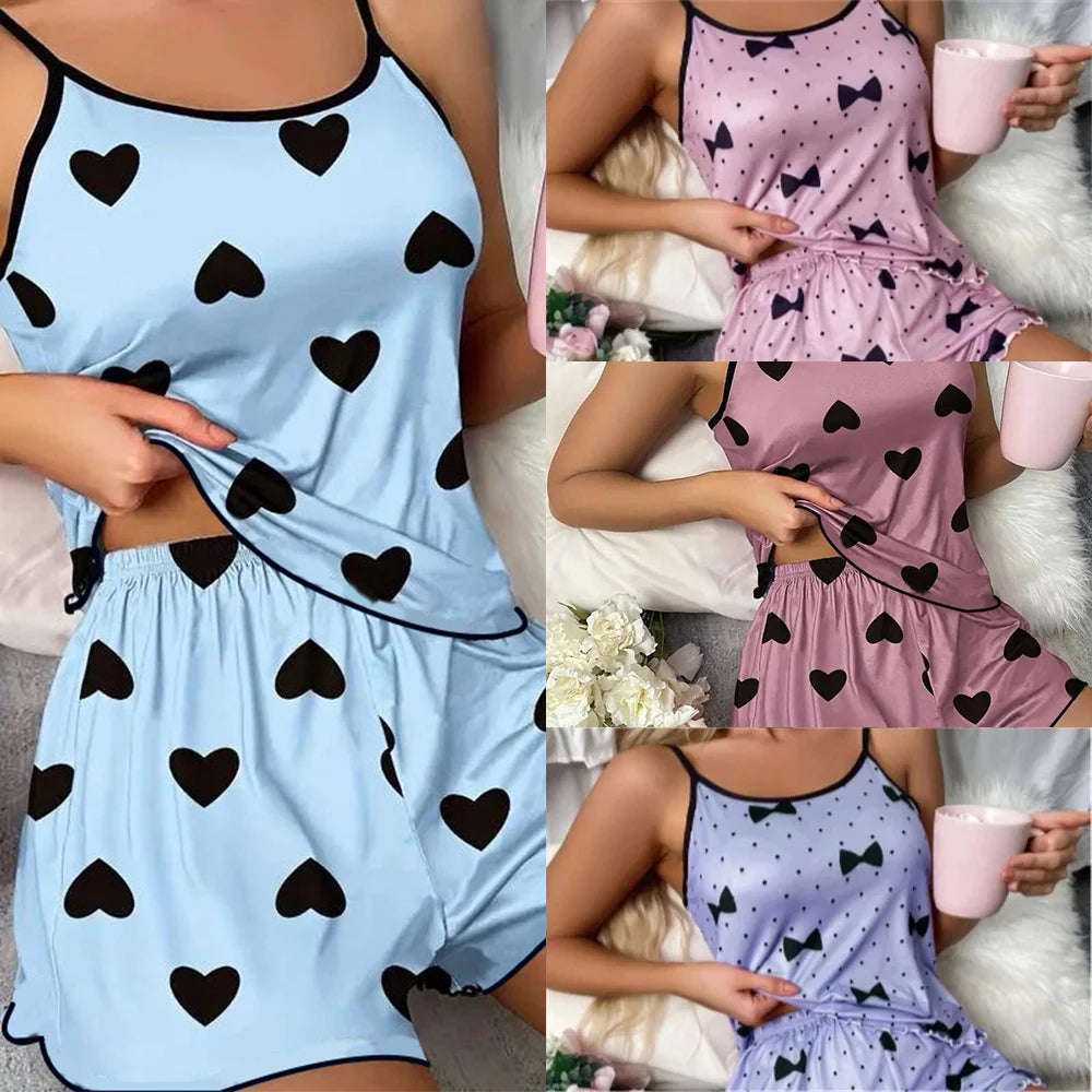 Damen-Pyjama-Set, Pyjama, T-Shirts, Shorts, rosa, herzförmiger Druck, Rundhals-T-Shirt, Eisseiden-Oberteil, bequem, lässig, Sommer ﻿