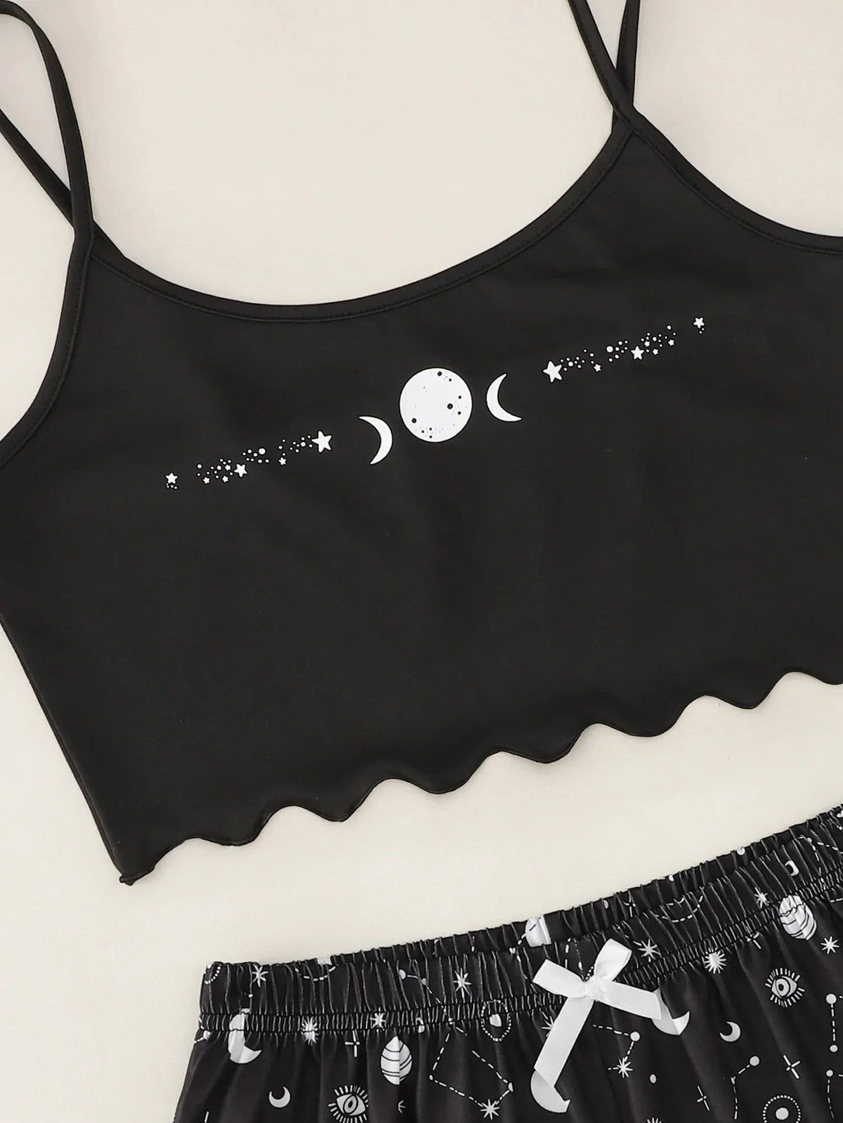 Damen-Nachtwäsche, Sommer-Pyjama-Set, Stern-Mond-bedruckt, ärmellos, Sling-Crop-Tops und Shorts, Set, Homewear, Loungewear