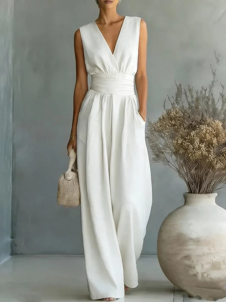 Elegante Damen-Jumpsuits mit hoher Taille, Sommer-Kurzarm-Overalls mit weitem Bein, lässige V-Ausschnitt-Jumpsuits in Unifarben, lockere Streetwear
