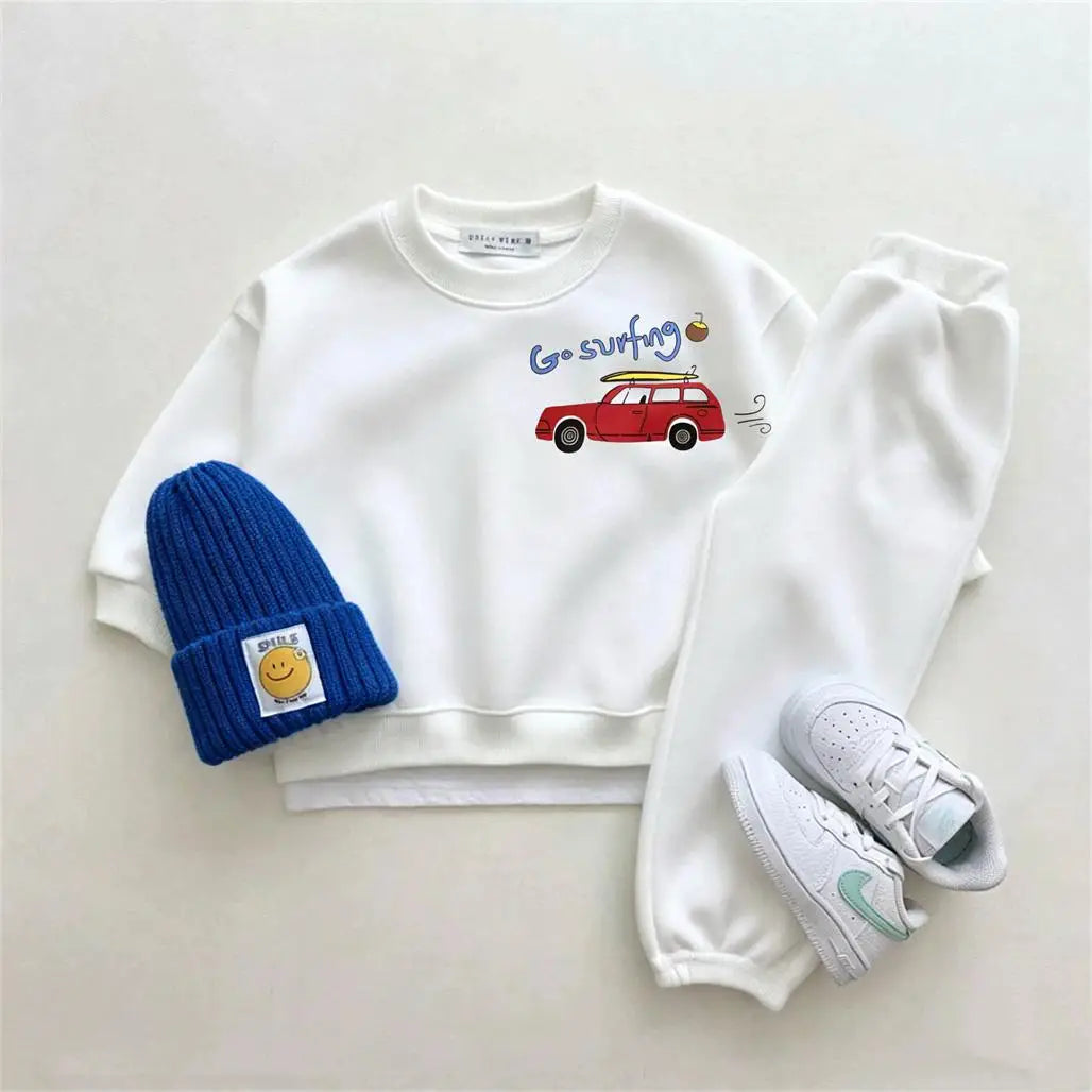Einfarbige Outfits, einfacher Kapuzenpullover + Hose, zweiteiliges Set für Jungen, trendiges Kostüm, Rundhalspullover, Hosen, langärmelige Anzüge für Kinder