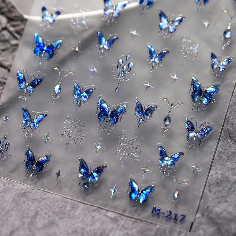 1 stücke 5D Luxus Glitter Blau Schmetterling Nail art Aufkleber Retro Luxus Selbstklebende Transfer Nagel Dekorationen Slider Aufkleber DIY