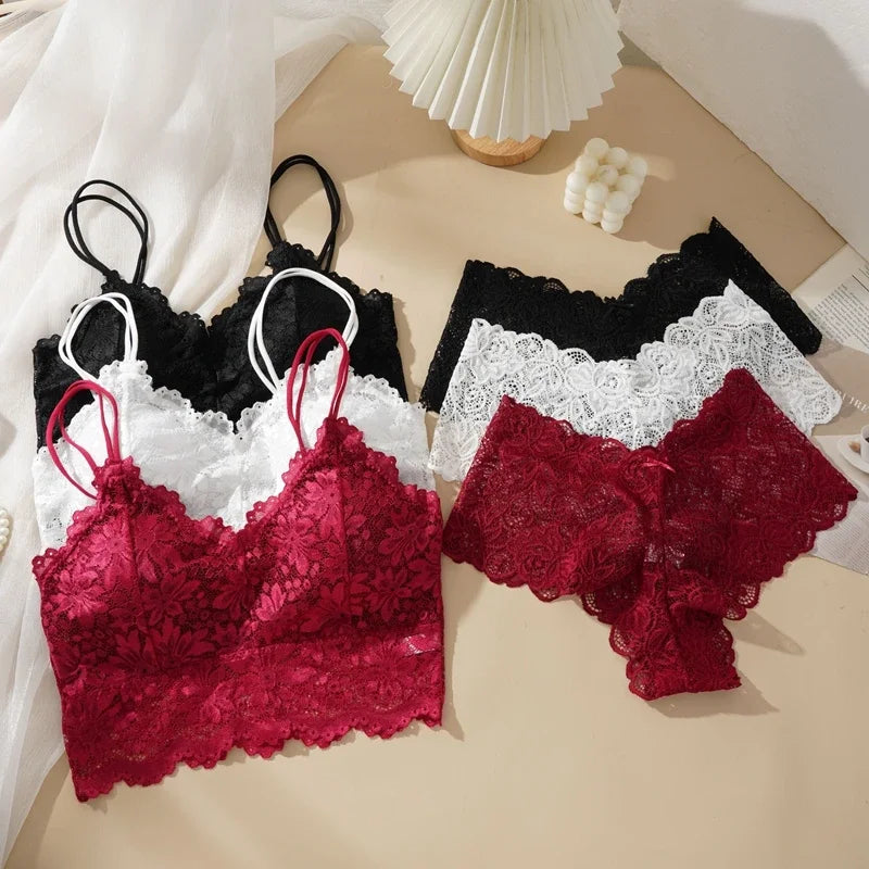 Damen Sexy Spitzen-BH-Set Einfarbiges Set Schöner Rückenausschnitt Ohne Stahlring Unterwäsche Mit Spitzenblumen Atmungsaktive Slips