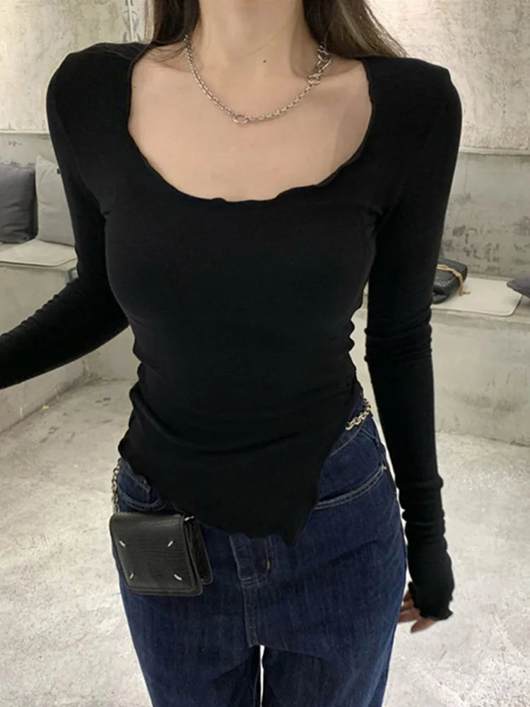 Langarm T-shirts Frauen Pilz Linie Unregelmäßigen Saum Gestrickte Schlanke Herbst Bodenbildung Tees Chic Mode Sexy Solide Ulzzang Neue