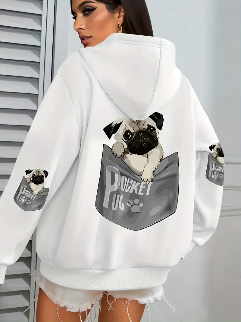 Tasche Mops Hoodies Frauen Cartoons hund Drucke Mit Kapuze Lose Taschen Sweatshirts Winter Fleece Warme Tops Straße Schwarz Frau Kleidung