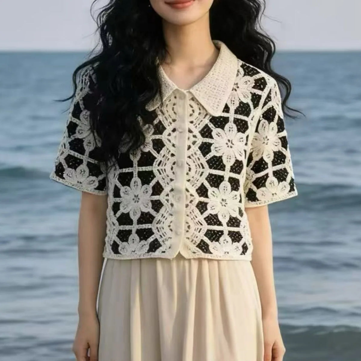 2026 Sommer Langarm Vintage National Trend Damenbekleidung Ausgehöhlte Spitze Patchwork Chiffon Hemden Damen Blusen Großhandel