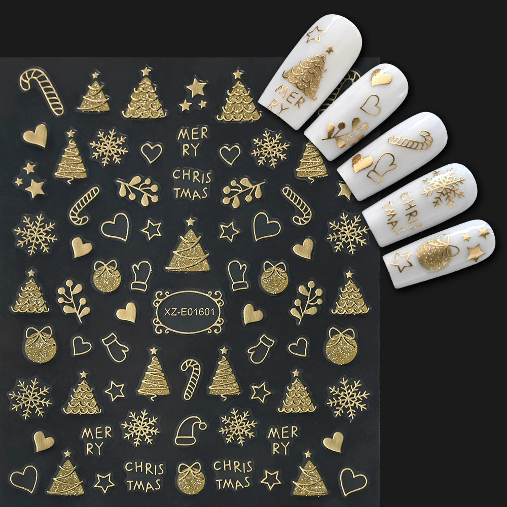 2 Stück 3D Glitter Gold Weihnachten Nagelaufkleber Schneeflocke Kristallkugel Baum Schneemann Nail Art Aufkleber selbstklebend Urlaub Nagelzubehör