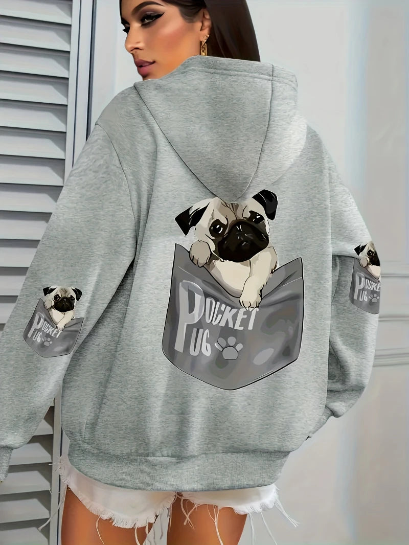 Tasche Mops Hoodies Frauen Cartoons hund Drucke Mit Kapuze Lose Taschen Sweatshirts Winter Fleece Warme Tops Straße Schwarz Frau Kleidung