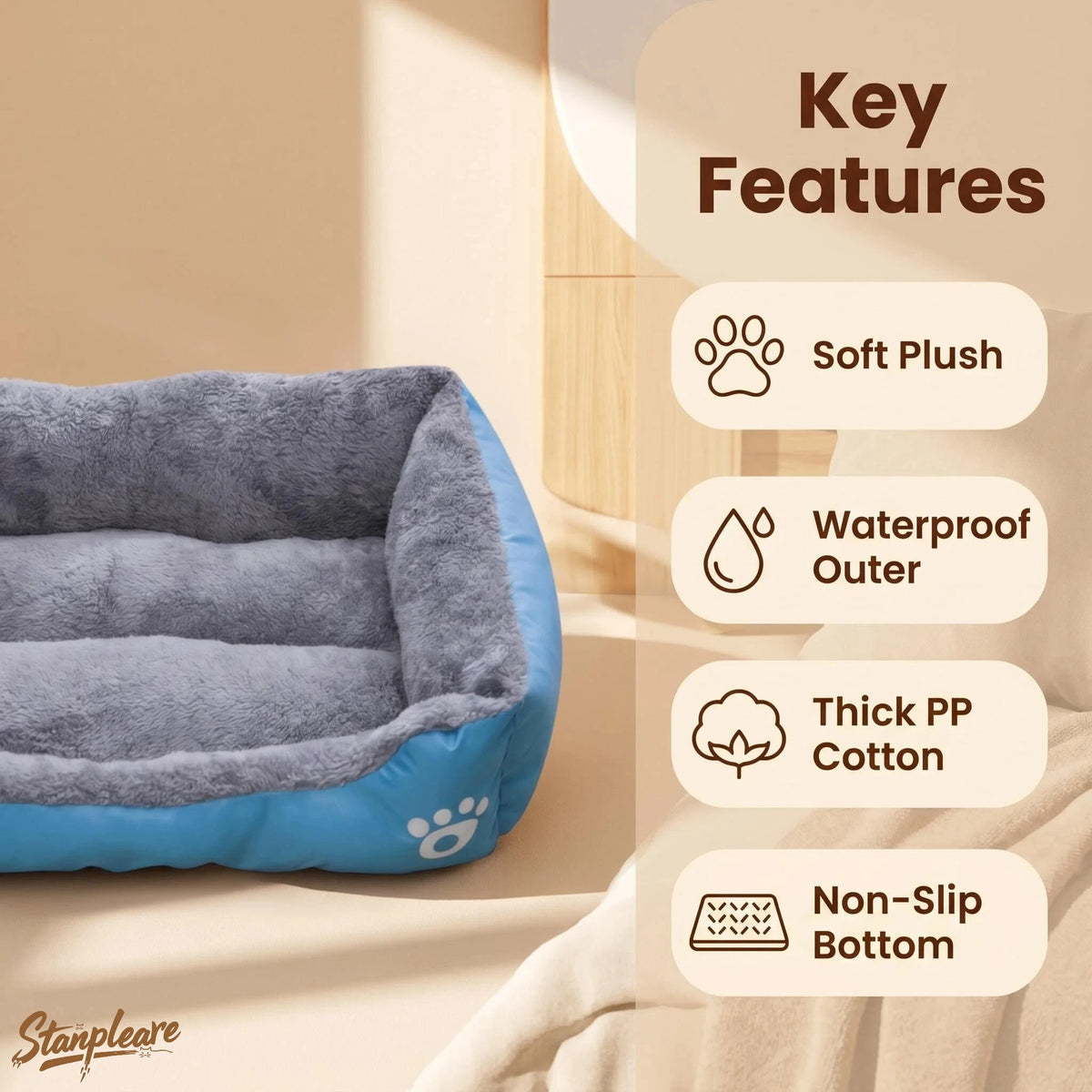60*45cm Quadratisches Plüsch-Haustierbett Wasserdichtes Rutschfestes Hunde- und Katzen-Sofa Warmes Waschbares Welpen- und Kätzchen-Schlafkissen