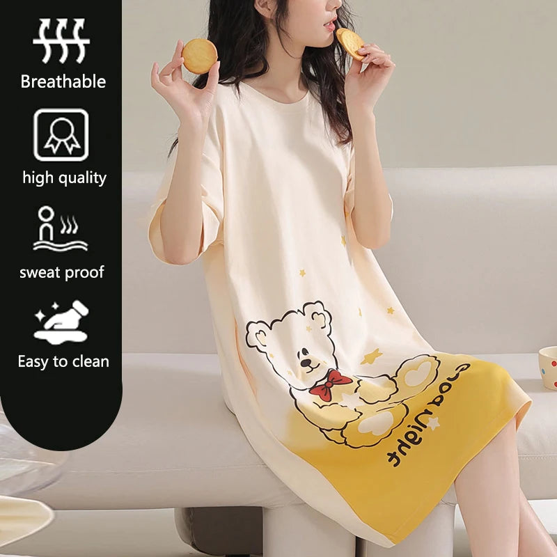 Frauen Große Größe Pyjamas Kurzarm Nachthemd Cartoon Bär 5xl Lange Student Robe Rabbitlong Rock Loungewear Mädchen Kleid