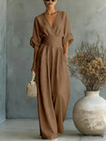 Elegante Damen-Jumpsuits mit hoher Taille, Sommer-Kurzarm-Overalls mit weitem Bein, lässige V-Ausschnitt-Jumpsuits in Unifarben, lockere Streetwear