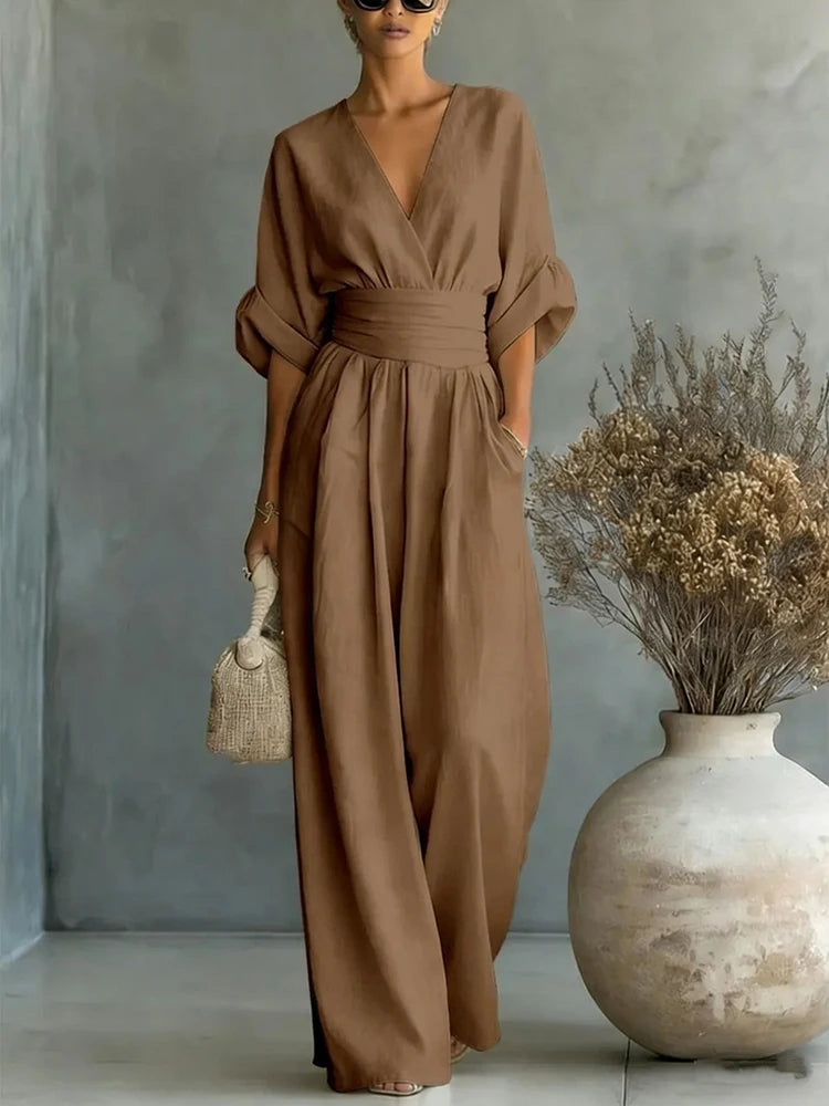 Elegante Damen-Jumpsuits mit hoher Taille, Sommer-Kurzarm-Overalls mit weitem Bein, lässige V-Ausschnitt-Jumpsuits in Unifarben, lockere Streetwear