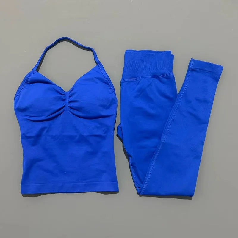 HISTELLO Gym-Leggings-Set, 2-teilig, für Damen, Yoga, lang, mit Trägern, nahtlos, Fitness-Kleidung, Laufen, Workout, Sport-Tops, Outfit
