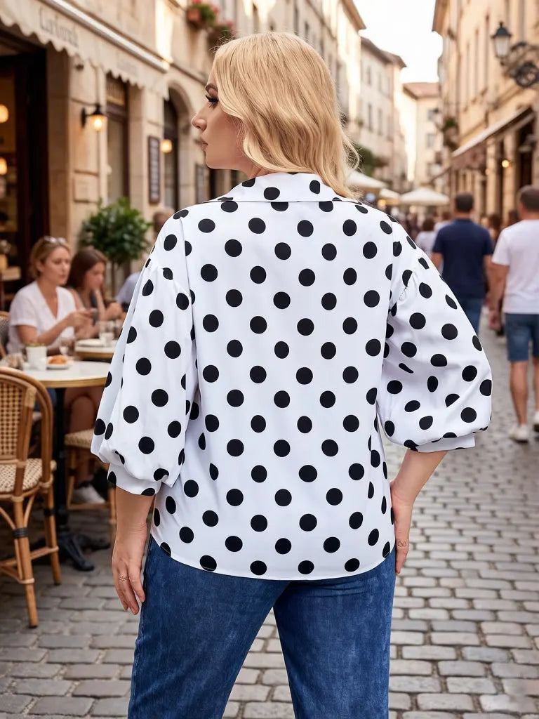 Damen Übergröße Vintage Polka Dot Bluse Schwarz und Weiß Langarm Revers Lose Knopfleiste Hemd Lässiges Elegantes Oberteil