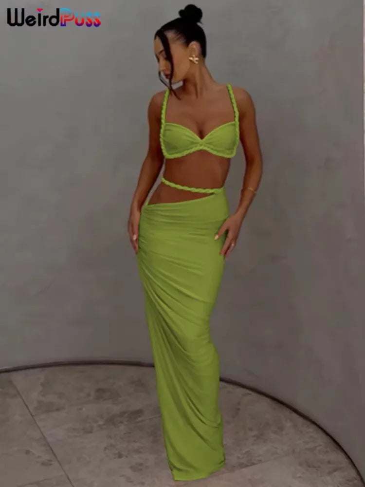 Weird Puss Bandage gerafftes 2-teiliges Set Damen-BH mit quadratischem Kragen + dünne lange Röcke 2025, Sommerurlaub, Strandparty, Trendanzüge