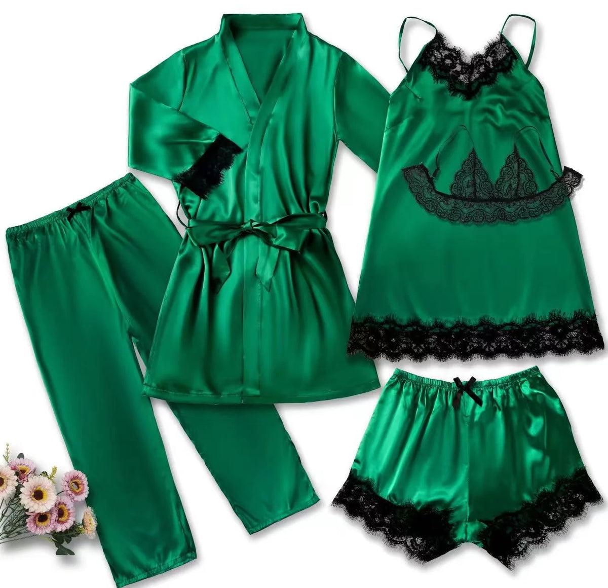 5-teiliges Damen-Nachtwäsche-Pyjama-Set aus Satin, Robe, sexy Dessous, Bademantel, Spitze, Seide, Nachtkleid, Hose, Heimkleidung, Nachtwäsche, PJ