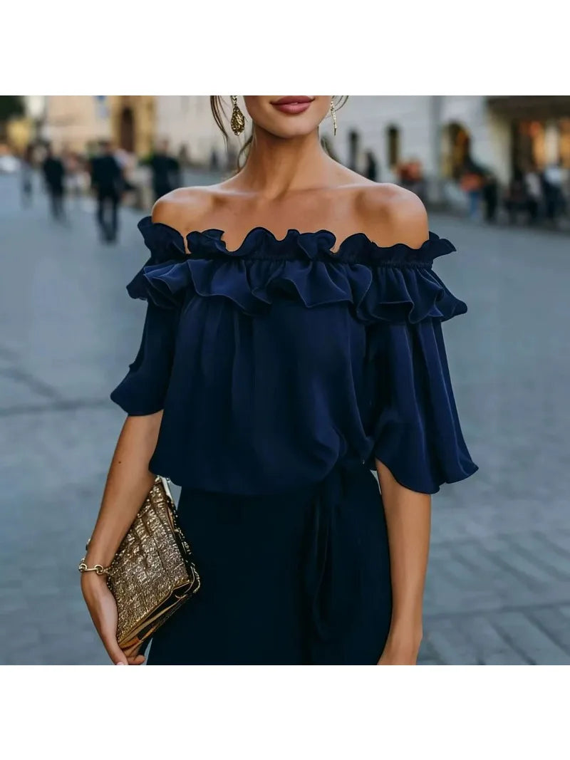 Schulterfreies Rüschenoberteil für Damen, lockere Passform, kurzärmelige Bluse, lässiges Sommerhemd, trendige Mode