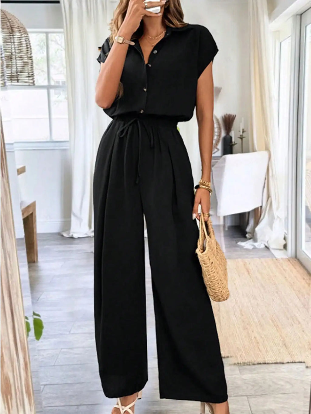 Damen Frühling Sommer Herbst Einfarbiger Basic Weitbein-Jumpsuit