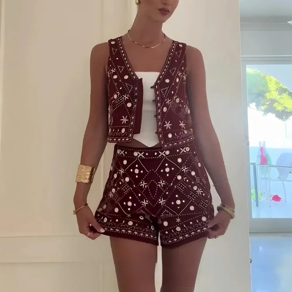 KONDALA Casual Chic Rot Stickerei Frauen Anzug V-ausschnitt Ärmellose Weste Breite Bein Shorts Mode 2025, Sommer Boho V-ausschnitt Frauen Sets