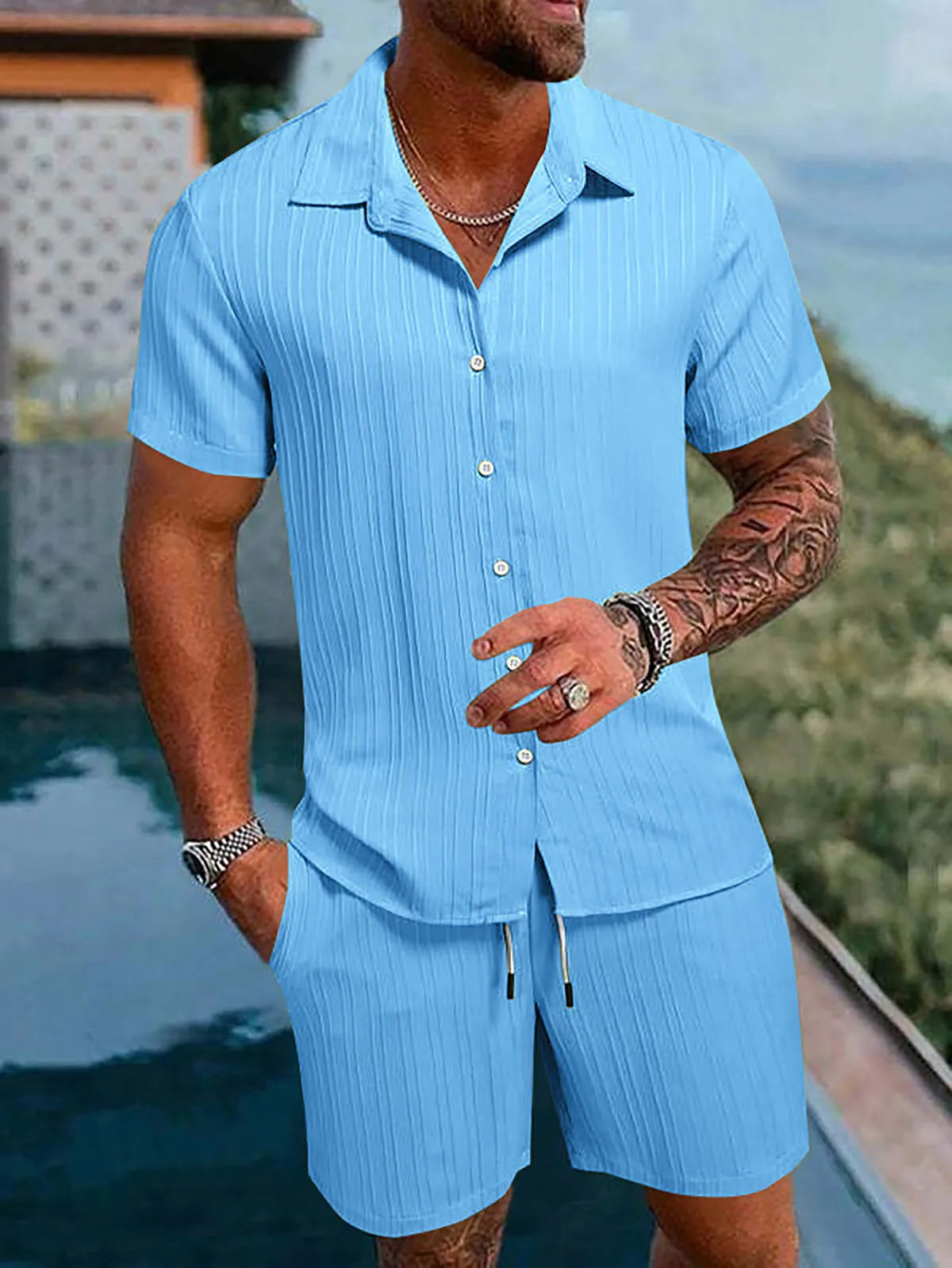 Neues hawaiianisches Urlaubshemd- und Badehose-Set für Herren, 2-teilig, kurzärmelige Hemden mit Shorts, Sommer, schnell trocknend, Schwimmen, Freizeit