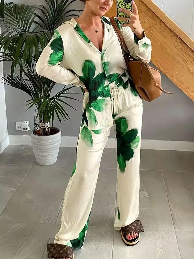 HH 2024 Sommer Weibliche Elegante Blumen Druck 2 Stück Anzug Lange Ärmel Revers Bluse + Kordelzug Breite Bein Hosen kausalen Outfit