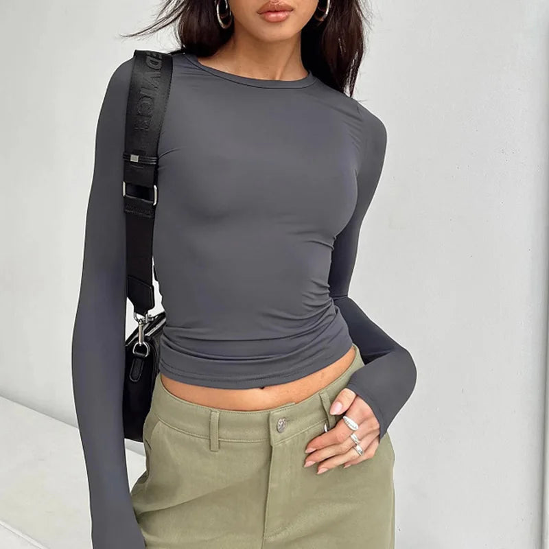 2024 Frühling Herbst Frauen y2k rosa T-Shirt kausal Langarm Crop Tops o Hals Pullover Basis T-Shirts Bodycon Slim Fit T-Shirt