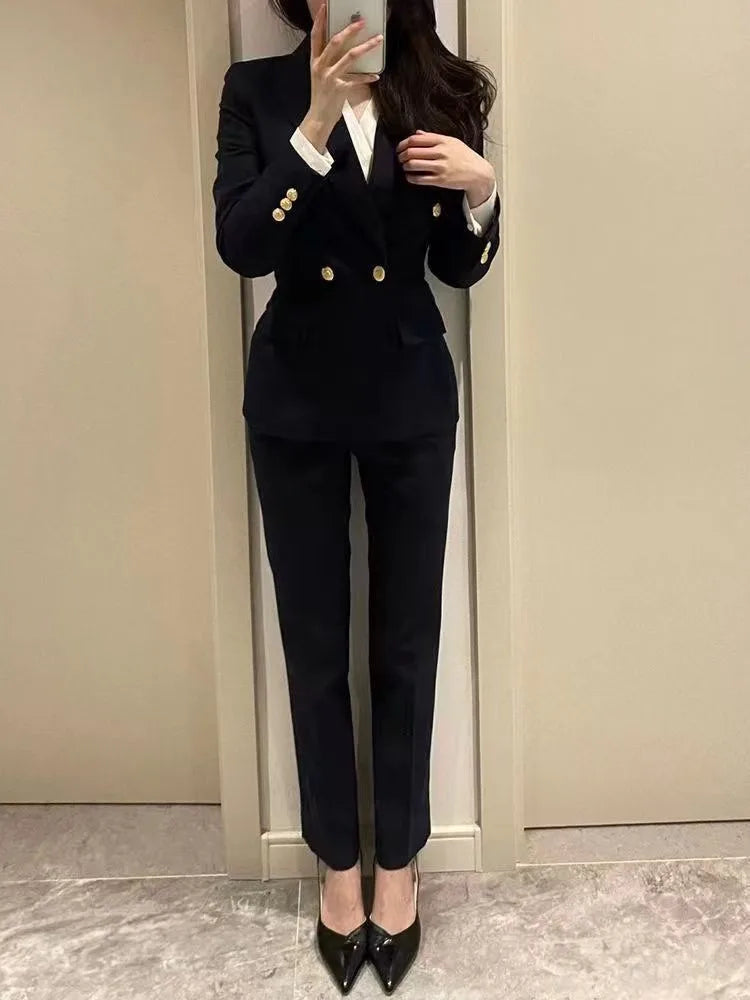 Marineblau-schwarzer modischer Damen-Hosenanzug, langärmliger, einfarbiger Damen-Blazer und Hose, formelles 2-teiliges Set für Herbst und Winter