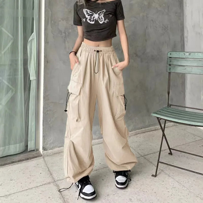 2025, lässige Jogger-Tech-Hose für Damen, solide Hose mit niedriger Taille, Kordelzug, weites Bein, Baggy-Hose, Y2k-Streetwear, Übergröße, Jogginghose