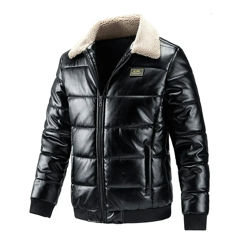 Verdickte PU-Lederjacke Herren Lammfellkragen Bikerjacke Baumwollmantel Motorradstil Casual Oberbekleidung Herrenjacke