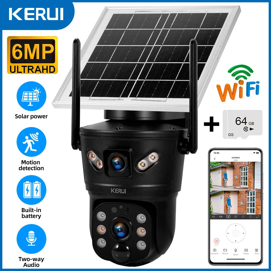 KERUI Outdoor 6MP 4G SIM WIFI Solar Kamera Dual Objektiv Kamera Solar Panel Wasserdicht Home Security CCTV Video überwachung V380