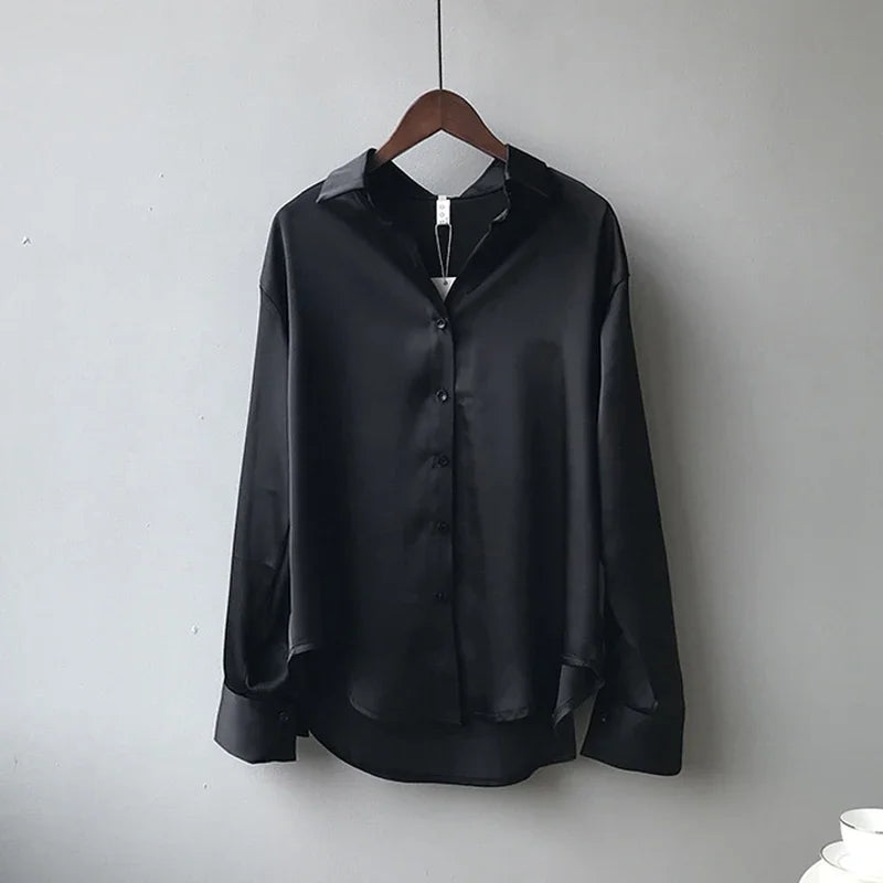2026 frühling drehen-unten Kragen Damen Bluse Elegante Satin Lose Frauen Hemd Herbst Vintage Casual Taste Seide Tops