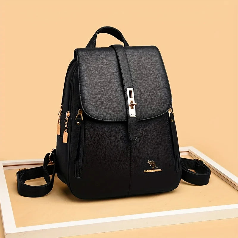 Eleganter weinroter Lederrucksack für Damen, diebstahlsicherer Tagesrucksack mit mehreren Taschen und Logo, stilvolle Reise- und Alltags-Umhängetasche