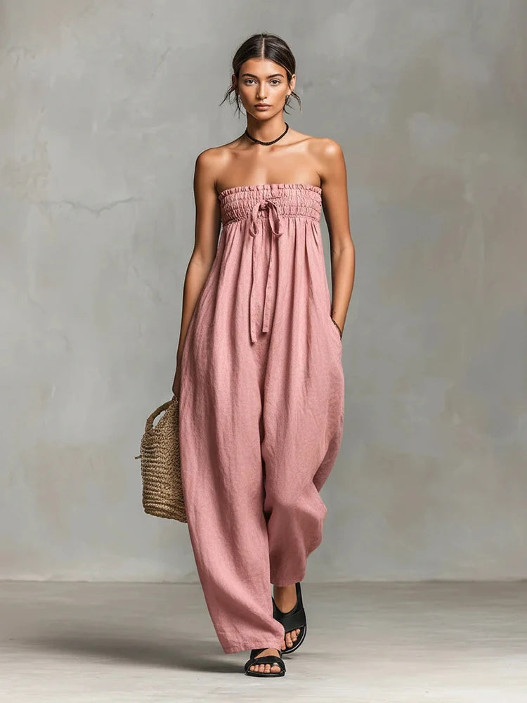 Damen Trägerloses Tube-Top Leinen-Jumpsuit mit Elastischem Gerafftem Oberteil, Sommerlicher Lässiger Ärmelloser Weiter Overall, Streetwear-Romper