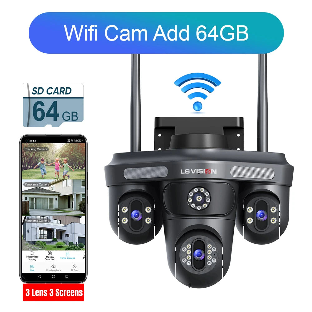 LS VISION 15 MP WLAN-Kamera mit drei Bildschirmen für den Außenbereich, drei 360° ° Rotation PTZ IP Kamera Human Auto Tracking Videoüberwachung Cam CCTV
